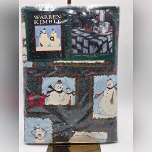 Warren Kimble Snowman Vinyl Tablecloth - Festive Green and Blue